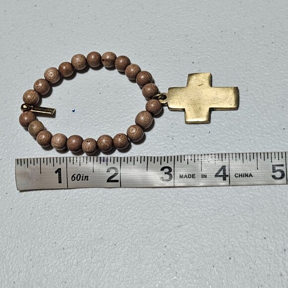 Religious Gold Tone Cross Beaded Rosery Stretch Prayer Wooden Beads Jewelry - Picture 4 of 4